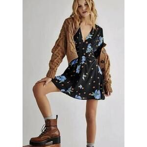 Free People Date Night Mini Dress XS Black Blue Floral Polka Dot Long Sleeve